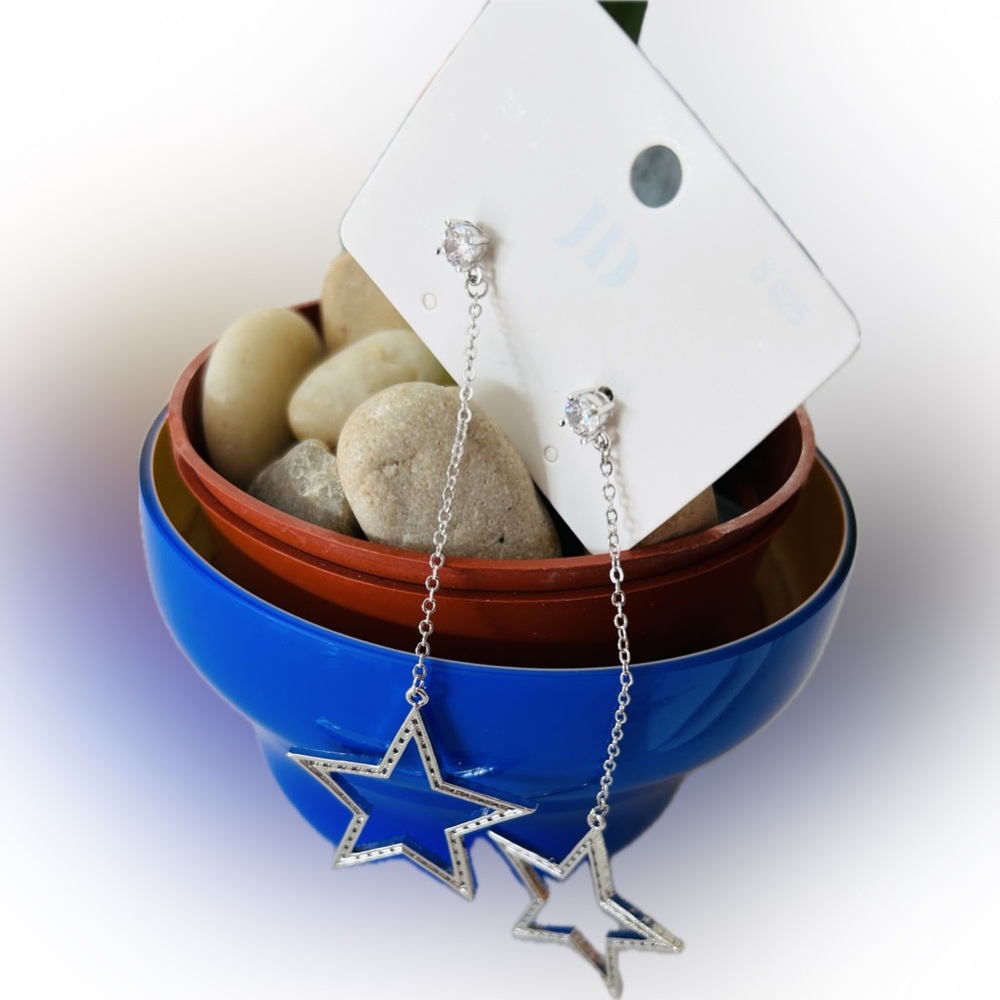 Silverplated Star Rhinestone Pendant Drop Dangle Fashion Earrings Set 2.25"